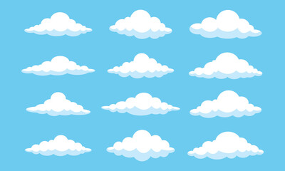 Cartoon flat white clouds set on blue background. Fluffy white cartoon clouds. Vector set of cartoon flat clouds illustration. Clouds	