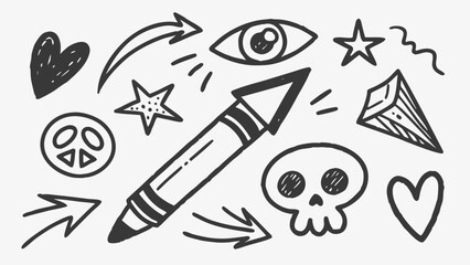 Hand drawn punk rock doodles with stars and arrows for edgy designs