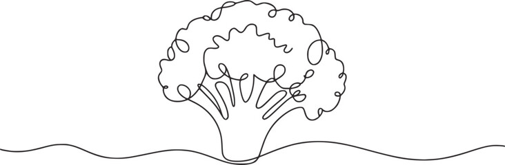 Single line drawing of broccoli on wavy ground vegetable food
