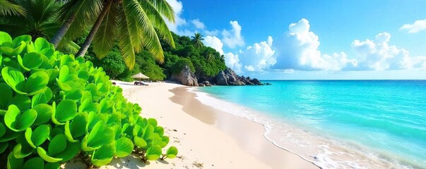 Lush Green Vegetation Thriving on Pristine Sandy Beach, Turquoise Water Gently Laps Shore; Calm, Vibrant Natural Beauty Perfect for Travel and Environmental Themes