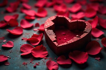 Shattered Heart A Broken Valentines Day - Rose Petals and a Heart Shaped Box Symbolize Lost Love and Heartbreak