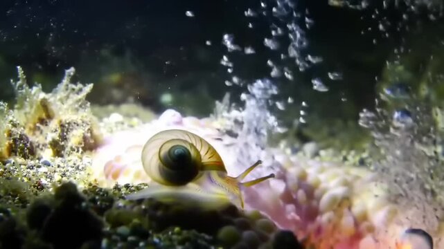 Underwater snail with shell explores sea floor near bubbles