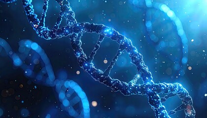 Abstract blue glowing DNA double helix strands with sparkling particles and light flares against a dark background representing genetics and science