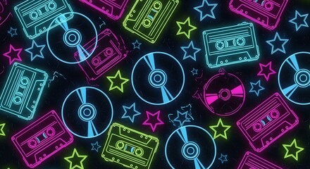 Retro Neon Cassette Tapes and CDs Seamless Pattern Background.