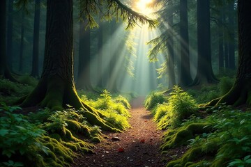 Mystical Sun-Dappled Path Winding Through a Dense Evergreen Forest, Sunlight Filters Through the Canopy, Creating a Magical Atmosphere with Long Shadows on Mossy Ground