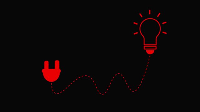 Red electrical plug connected to a light bulb icon on a black background electricity power