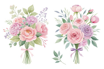 Soft Pastel Rose and Peony Watercolor Bouquet isolated on white background
