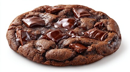 Single rich dark chocolate cookie with melted chips on white background