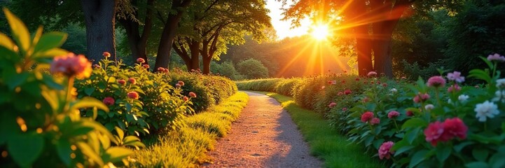 Golden Hour Garden Path Long Shadows and Vibrant Foliage Illuminate a Tranquil Sunset Scene, Perfect for Relaxation and Nature-Inspired Projects