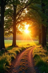 Golden Sunrise Illuminates Path to Meadow Hopeful, Joyful Woodland Scene