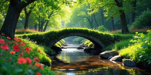 Serene Summer Bridge Arching Over Tranquil Stream, Lush Greenery, Dappled Sunlight, Vibrant Wildflowers