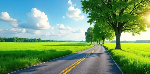 Winding Country Road Through Lush Green Fields Under a Summer Sky A Scenic Journey into the Heart of Natures Beauty, Perfect for Travel and Adventure Photography