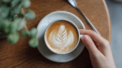 A hand holding a coffee cup with a leaf design on it