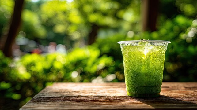 Refreshing Green Drink in Plastic Cup on Wooden Table Outdoors