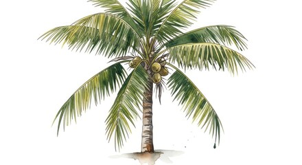 Watercolor illustration of a lush coconut palm tree bearing green fruits, isolated on a white background
