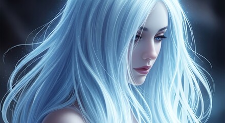 Naklejka premium Mysterious Woman with Flowing Blue Hair and Piercing Gaze.