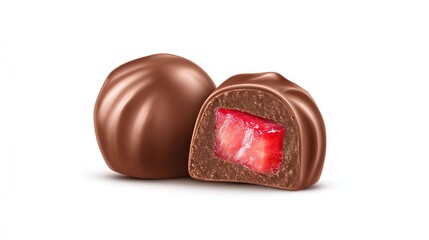 Obraz premium Glossy chocolate bonbons with bright red strawberry fruit filling