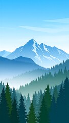 Fototapeta premium An illustration of a mountainous landscape with varying shades of blue and green. Lush evergreen trees cascade down the ridges toward the foreground