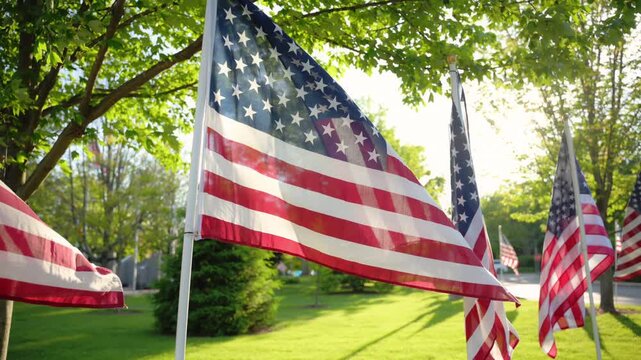  American flags rippling in the wind at the green central park. Patriotic concept for US holidays, 4th of July, Memorial day, Veterans day, President elections day. 