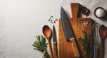 Culinary preparation setting showcasing cooking tools on a rustic wooden board ready for food creation