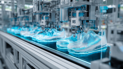 A smart factory production line using AI for mass customization of personalized sneakers.