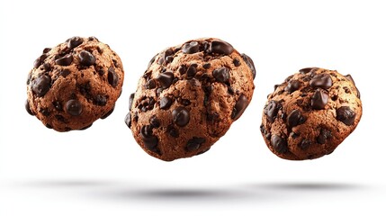 Three tempting chocolate chip cookies floating on a bright white background
