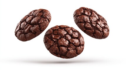 Three delicious dark chocolate chip cookies floating on white background