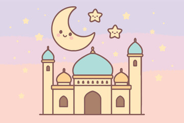 Cute cartoon mosque with smiling moon and stars illustration