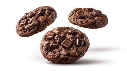 Three delicious double chocolate cookies with chunks, isolated on white