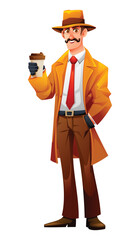 Detective character. Private investigator man holding a cup of coffee, taking a quick break. Vector cartoon illustration