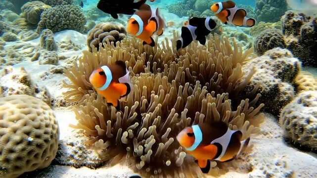 Vibrant clownfish swim around coral reef in clear ocean water