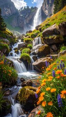 Majestic Waterfall Cascading Through Lush Mountain Landscape with Colorful Flowers.