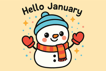 Cute snowman waving hello january with sparkles