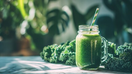 Fresh green smoothie in a mason jar with kale and a striped straw