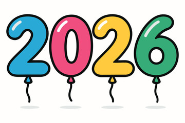 Colorful balloons spell out the year 2026