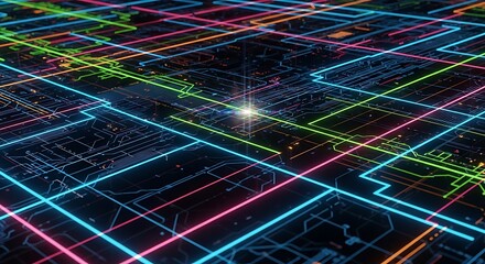 Futuristic glowing circuit board backdrop with geometric designs overlay