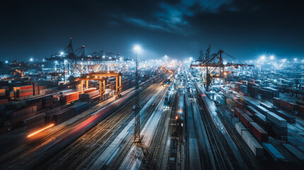 Fototapeta premium Top eyes view Smart Innovation connection cyber security Container truck in ship port for business Logistics transportation of Container Cargo ship Cargo plane with working crane bridge in shipyard
