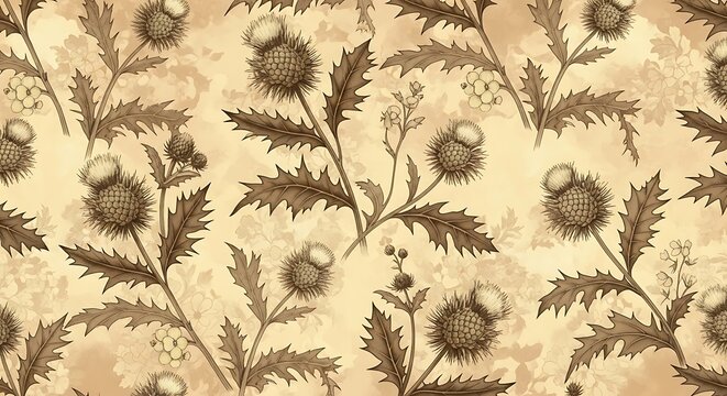 Vintage inspired thistle flower repeated pattern on subtle beige background