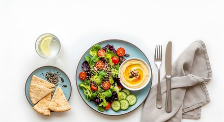 A delectable plate of hummus, salad, and flatbread on a crisp white table