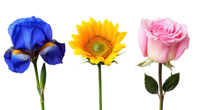 Three different flowers including a blue iris a yellow sunflower and a pink rose isolated on transparent background