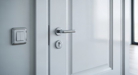 A modern, white paneled door with a brushed metal handle and lock