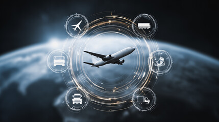 Top eyes view Smart Innovation connection cyber security Container truck in ship port for business Logistics transportation of Container Cargo ship Cargo plane with working crane bridge in shipyard