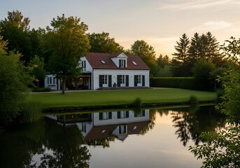 Fototapeta premium Idyllic countryside home reflecting serene water, showcasing tranquil nature