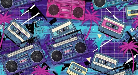 Vibrant 80s Retro Pattern with Boomboxes and Cassette Tapes.