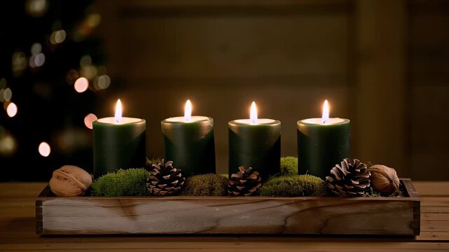 A Row of Four Green Advent Candles on a Rustic Wooden Tray with Pine Cones and Foliage