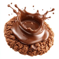Chocolate cookie with dynamic chocolate splash on a white background