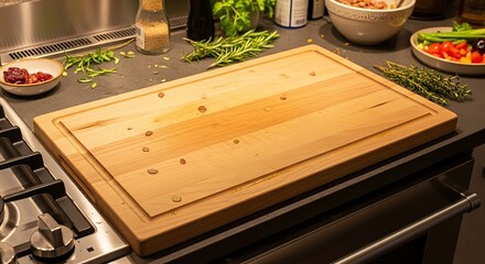 Elegant kitchen scene featuring a wooden cutting board and fresh produce