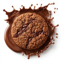 Delicious chocolate cookie splashing into melted brown chocolate sauce