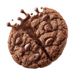 Top-down view of a chocolate chip cookie with a dynamic chocolate splash