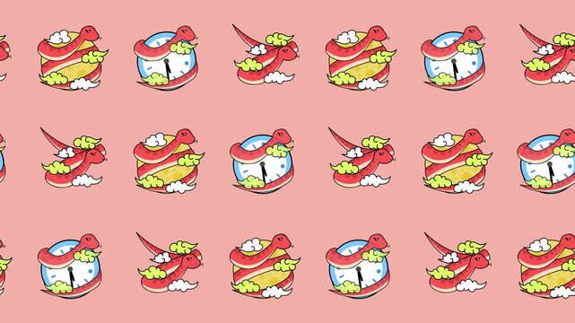 Seamless pattern of cartoon snakes, flying reptiles, and clocks icon in a tile background animation. Repeating wallpaper with time, mythology, and fantasy animal graphic.